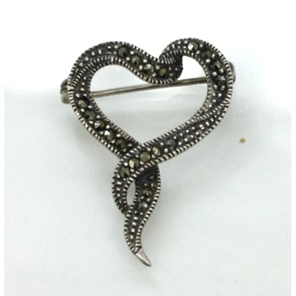 925 STERLING vintage open love HEART marcasite BROOCH/pin 3.6 gr signed MO 925 - Picture 2 of 5